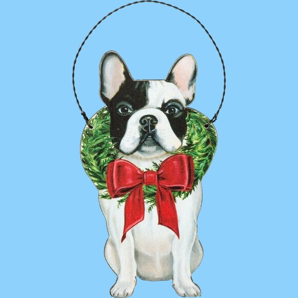 French Bulldog Christmas Ornament With Wreath & Bow By Primitives By Kathy - Picture 1 of 3